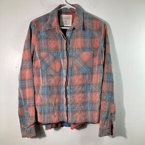 Womens We The Free Plaid Corduroy Button Shirt Blue Orange S Raw Hem Cotton